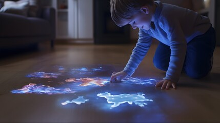 Lifestyle photo of a kid coloring a 3D coloring book with 2D animated characters guiding the colors, merging creativity with digital interaction, 4k resolution