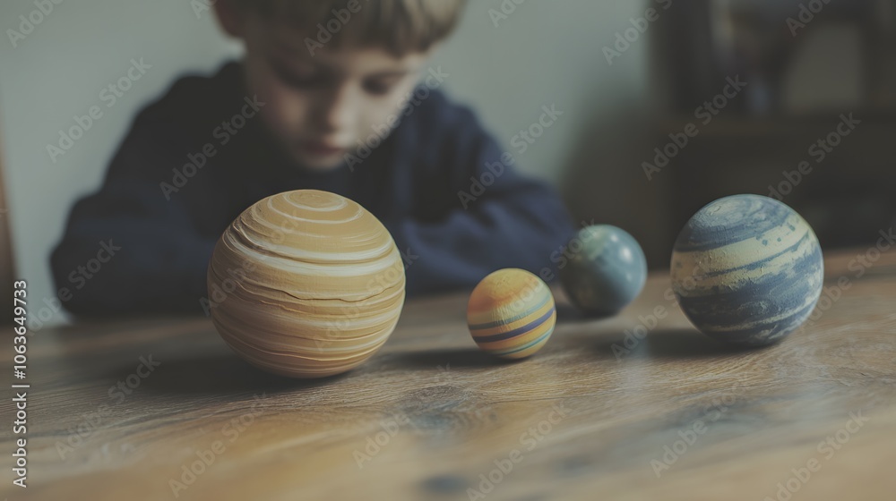 Poster Lifestyle photo of a kid learning about planets with a 3D solar system model and 2D facts overlayed, blending space exploration with interactive education, 4k resolution