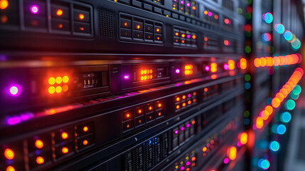 Modern server room filled with NAS devices, vibrant LED indicators in data center. Generative AI