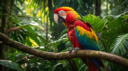 Macro image of a vibrant red and yellow macaw sitting proudly on a thick branch amidst the dense foliage of a tropical rainforest where sunlight streams through the leaves creating an enchanting atmos
