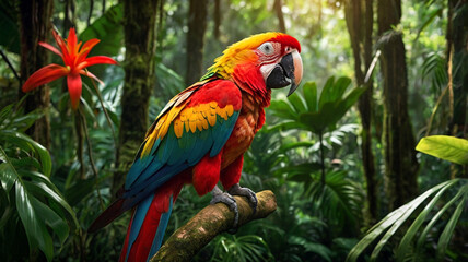 Obraz premium Macro image of a vibrant red and yellow macaw sitting proudly on a thick branch amidst the dense foliage of a tropical rainforest where sunlight streams through the leaves creating an enchanting atmos