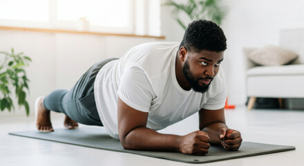 Focused plus-size Black man practicing plank exercise on yoga mat in bright living room