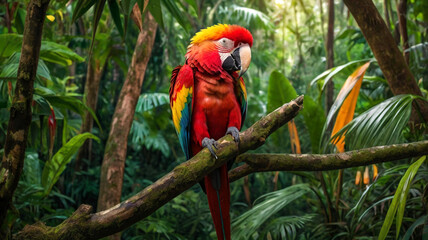 Macro image of a vibrant red and yellow macaw sitting proudly on a thick branch amidst the dense foliage of a tropical rainforest where sunlight streams through the leaves creating an enchanting atmos