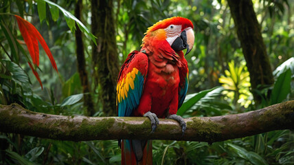 Macro image of a vibrant red and yellow macaw sitting proudly on a thick branch amidst the dense foliage of a tropical rainforest where sunlight streams through the leaves creating an enchanting atmos