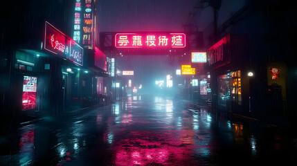 Neon City Street in the Rain - Digital Illustration