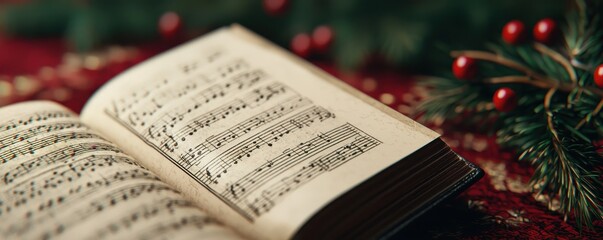 An open music book with sheet music sits on a festive table adorned with holiday decorations, suggesting a seasonal music celebration.