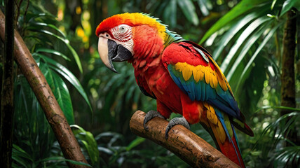 Obraz premium Macro image of a vibrant red and yellow macaw sitting proudly on a thick branch amidst the dense foliage of a tropical rainforest where sunlight streams through the leaves creating an enchanting atmos