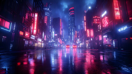 Fototapeta premium Neon Cityscape with Rain Illustration