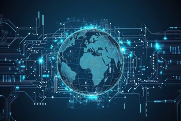 Obraz premium A digital globe with circuit lines representing global connectivity and data flow, symbolizing the vastness of online business growth in cyberspace