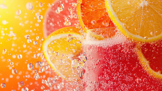 A vibrant image of citrus slices in sparkling water, showcasing bubbles and bright colors that evoke a refreshing drink.