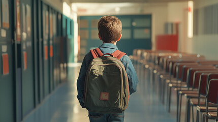 Chłopiec, widziany z tyłu, z plecakiem na ramionach, wchodzi do swojej klasy, gotowy na nowe wyzwania szkolne.