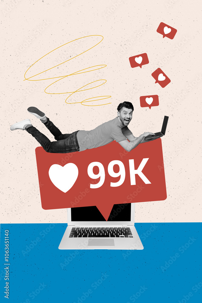 Poster vertical collage image of excited black white effect guy big netbook receive like notification isola