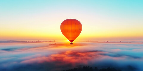 Obraz premium Hot air balloon soaring above a sea of clouds at sunrise.