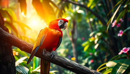 Obraz premium Macro shot of a bright red and yellow macaw sitting on a sturdy branch in a vibrant tropical rainforest where sunlight filters through the greenery creating a lively atmosphere full of color and life