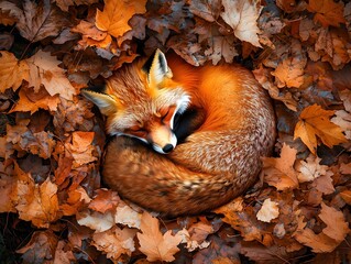 Fototapeta premium Sleeping Fox Blended in Fallen Autumn Leaves