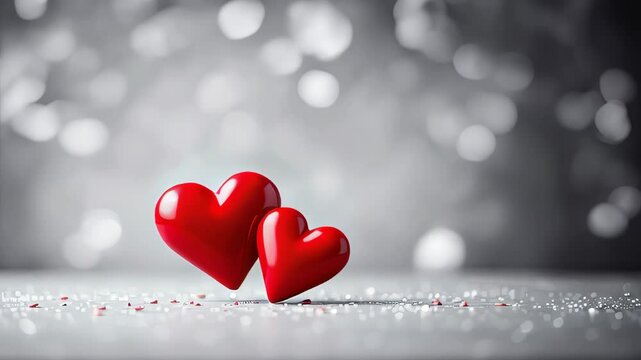 Two red hearts placed on a sparkling silver background, perfect for romance and Valentines Day themes, symbolizing love and togetherness.