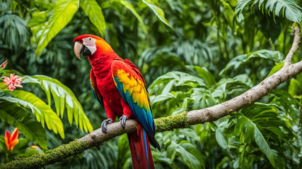 Macro shot capturing a vibrant red and yellow macaw perched confidently on a thick branch in a rich tropical rainforest filled with deep greens and colorful flowers with sunlight dappling its feathers