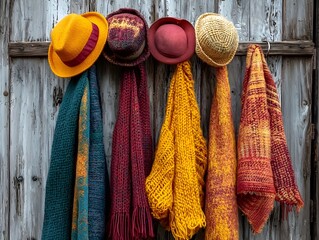 Colorful Autumn Scarves and Hats Hanging on a Rustic Coat Rack by a Wooden Door