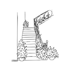 view of the staircase from the first floor decorated with flowers - hand drawn line art. floral staircase with iron carved railings
