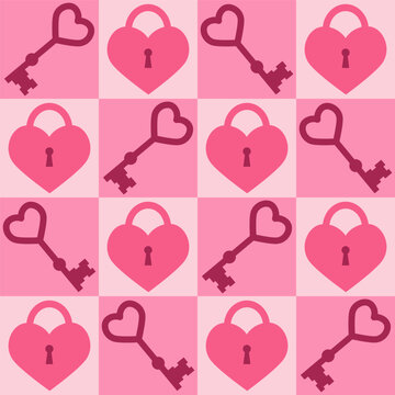 Seamless pattern with pink heart shaped lock and key. Template for Valentine holiday design. Vector illustration