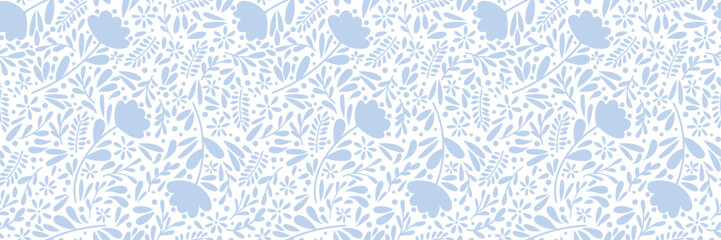 Ditsy blue floral pattern banner, seamless repeating vector background, flower wallpaper, wide horizontal design