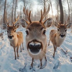Obraz premium Playful Close-Up of Three Reindeer Facing the Camera Using a Fisheye Lens