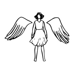 female fallen angel with wings lying down side by side top view - hand drawn line art. woman lying down with angel wings next to her