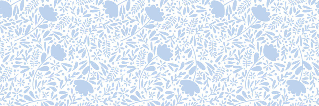 Ditsy blue floral pattern banner, seamless repeating vector background, flower wallpaper, wide horizontal design