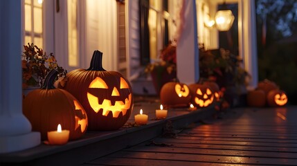 Carved Pumpkin Display with Glowing Candles on Autumn Porch at Dusk
