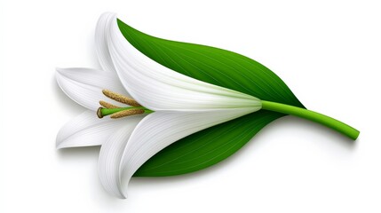 Serene White Lily: Elegant single white lily with green leaf, isolated. Perfect for sympathy cards, wedding invitations, or spring themes. 