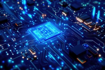 Obraz premium Blue technology background with circuit board elements, a blue vector illustration of a futuristic digital network connection and data transfer concept on a dark blue background