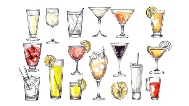 This collection showcases a variety of alcohol and drink icons, including cocktails, fruit juices, and mixed beverages, all beautifully illustrated in a cohesive style for creative projects