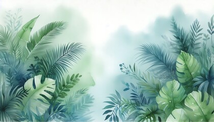 Obraz premium watercolor green leaves palm tree background,generative ai