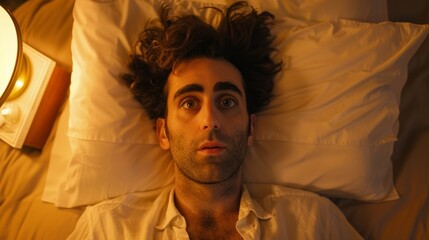 Man lying in bed with wide-open eyes, showing deep concern and fatigue, unable to sleep in dimly lit room with soft glow from nightstand lamp.