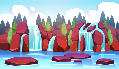 Lake rocky shore with waterfalls. Picturesque mountain landscape with pond, nature corner, cascading water streams. Aqua falling from cliffs. Cartoon flat isolated tidy vector concept