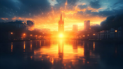 Naklejka premium Cityscape with Sunset Glow Illustration