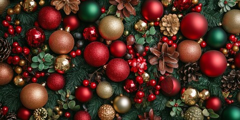 Christmas decorations with red, green, and gold ornaments, creating a cozy, festive atmosphere