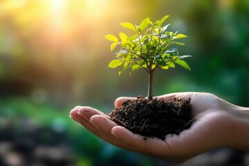A Small Sapling Held in a Hand Against a Sunny Background