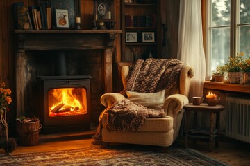 Fototapeta premium Cozy living room with fireplace armchair blanket and candlelight