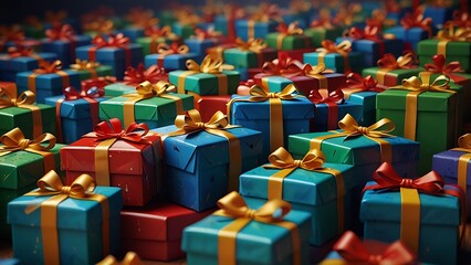 Obraz premium An enchanting display of brightly hued presents awaits against a crisp white background. This image captures the magic of gift-giving, ideal for holiday promotions, event flyers, or e-commerce product