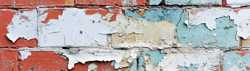 Fototapeta premium Weathered Brick Wall with Peeling Paint in Shades of Blue, White, and Red