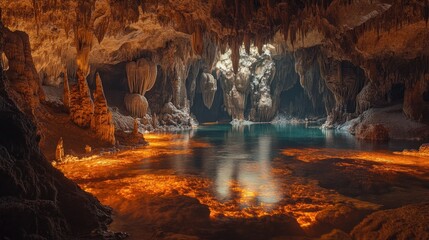 A stunning view of a cavern with a pool of water in the center, surrounded by rock formations and stalactites.