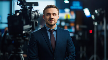 W studiu telewizyjnym przystojny mężczyzna w eleganckim garniturze na żywo prezentuje swój program.