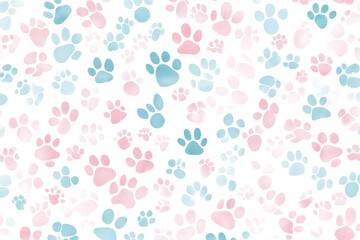 A seamless pattern of pastel-colored cat paw prints scattered across the white background, creating an adorable and playful design for pet lovers