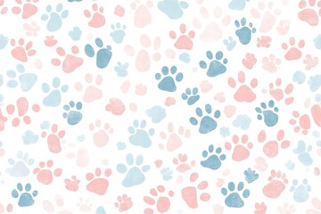 A seamless pattern of pastel-colored cat paw prints scattered across the white background, creating an adorable and playful design for pet lovers