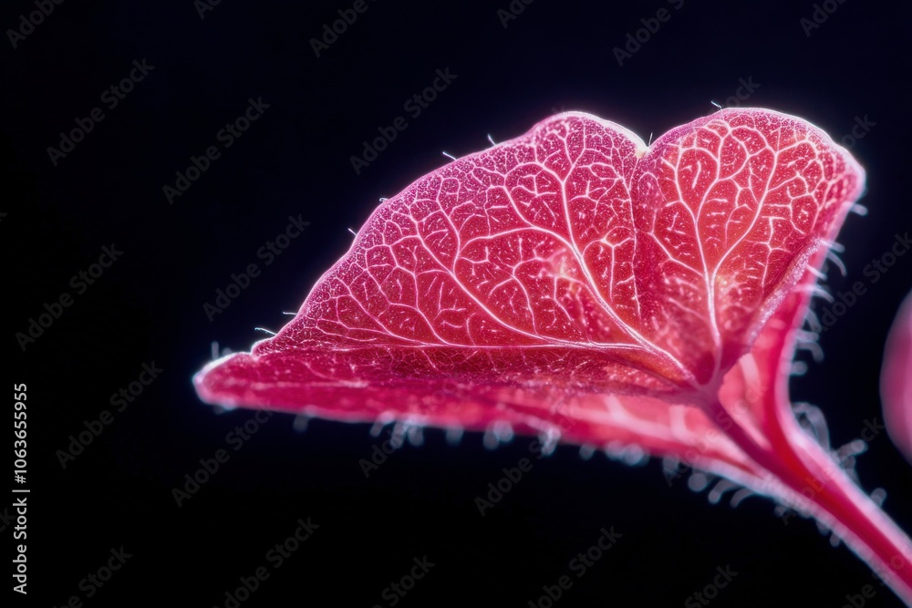 Poster A close-up of a vibrant red leaf showcasing intricate vein patterns against a dark background.