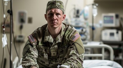 Fototapeta premium Soldier sitting on hospital bed, bandaged and determined, focused on recovery and resilience, amidst medical equipment.