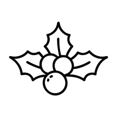 Simple black and white holly icon, Minimalist black and white outline of holly with leaves and berries, representing Christmas, holiday decor, and seasonal tradition.