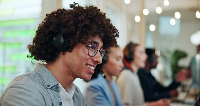 Man, teacher and talking on headset in office for ESL, happy or online course at education agency. Person, smile and call center with mic, voip or virtual classroom for language at night in workplace