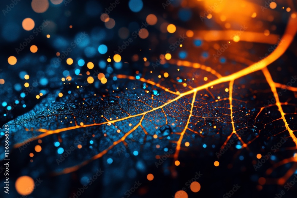 Poster A vibrant close-up of a leaf with glowing veins and sparkling particles, set against a dark, moody background, creating a magical atmosphere.